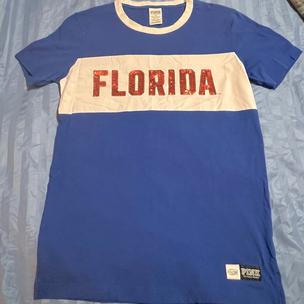 VS PINK Florida Gators Blue and White sequin shirt.